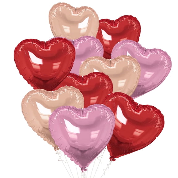Unique Bargains 10Pcs Helium Balloons with Ribbon Heart Pattern Pink Red Champagne