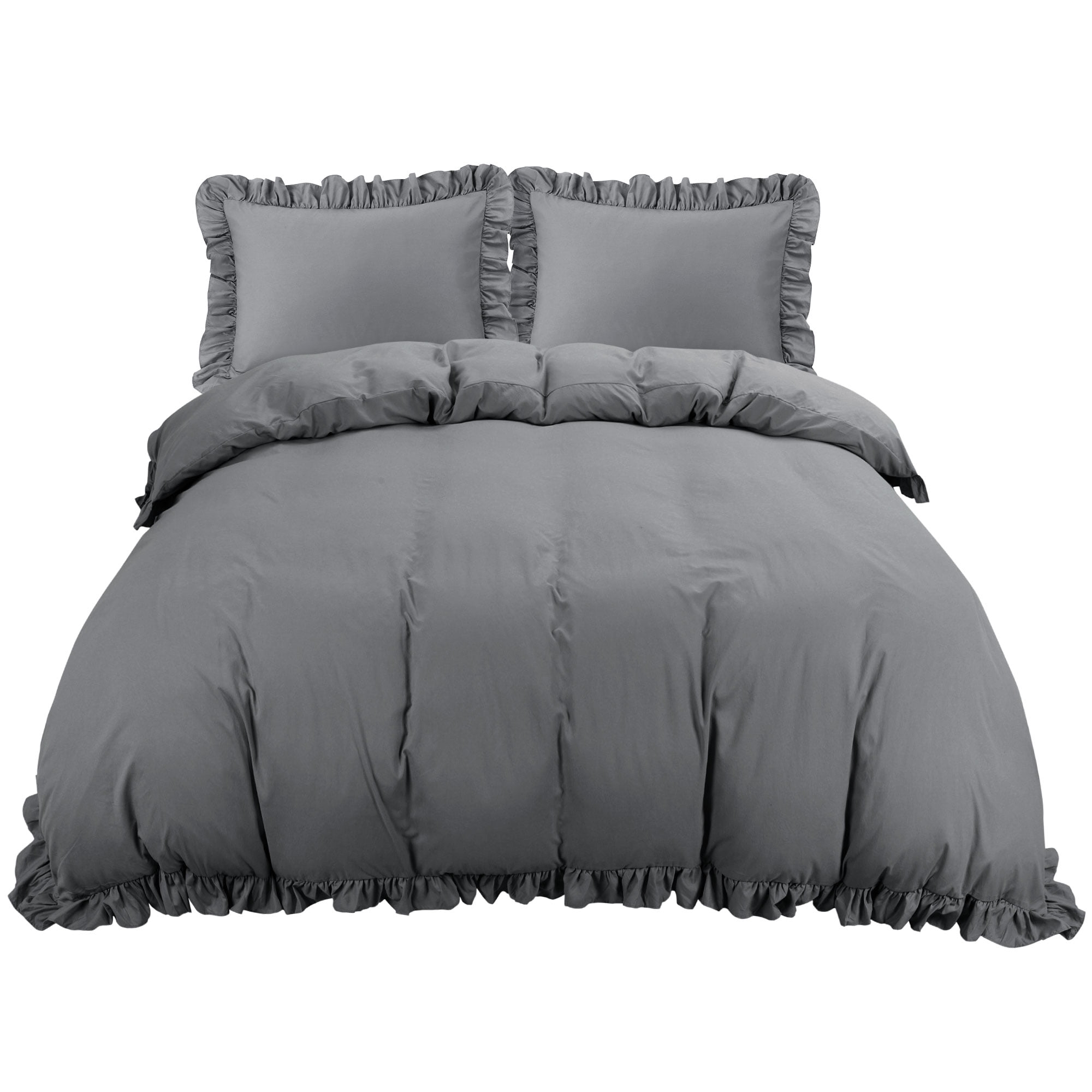Unique Bargains 110GSM 3 Pieces Ruffle Brushed Duvet Cover Sets Queen Dark Gray