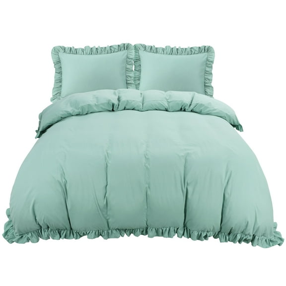 Unique Bargains 110GSM 3 Pieces Ruffle Brushed Duvet Cover Sets Queen Sage Green