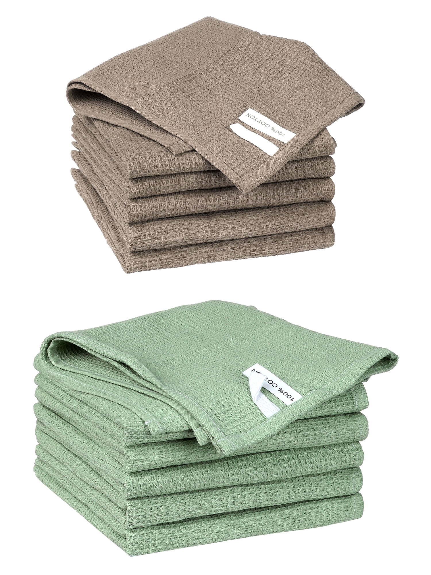 Unique Bargains 12 Pack Cotton Waffle Weave Cleaning Clothes Reusable Kitchen Towels Brown/Light Green 14" x 14"