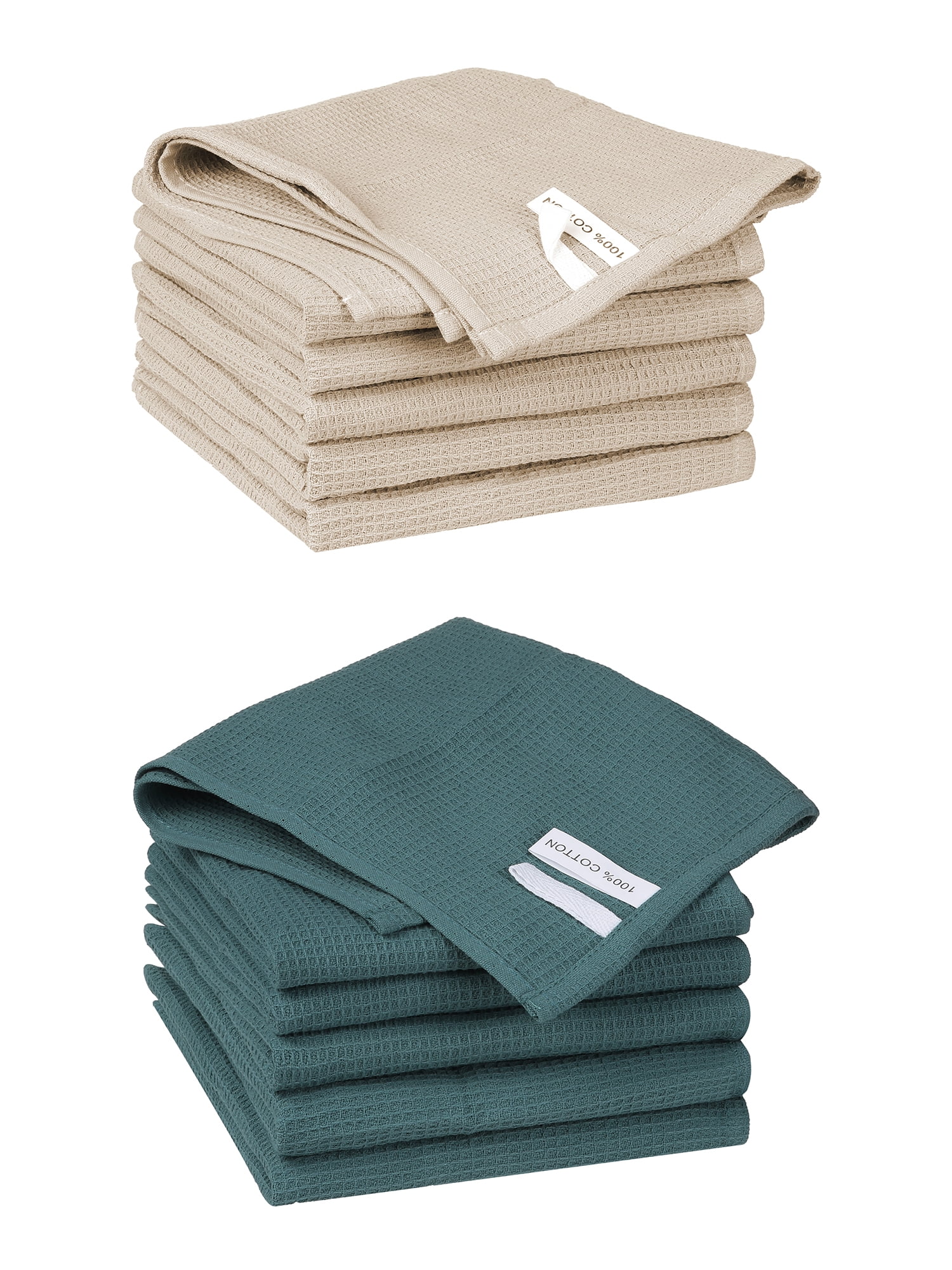 Unique Bargains 12 Pack Cotton Waffle Weave Cleaning Clothes Reusable Kitchen Towels Dark Green/Khaki 14" x 14"