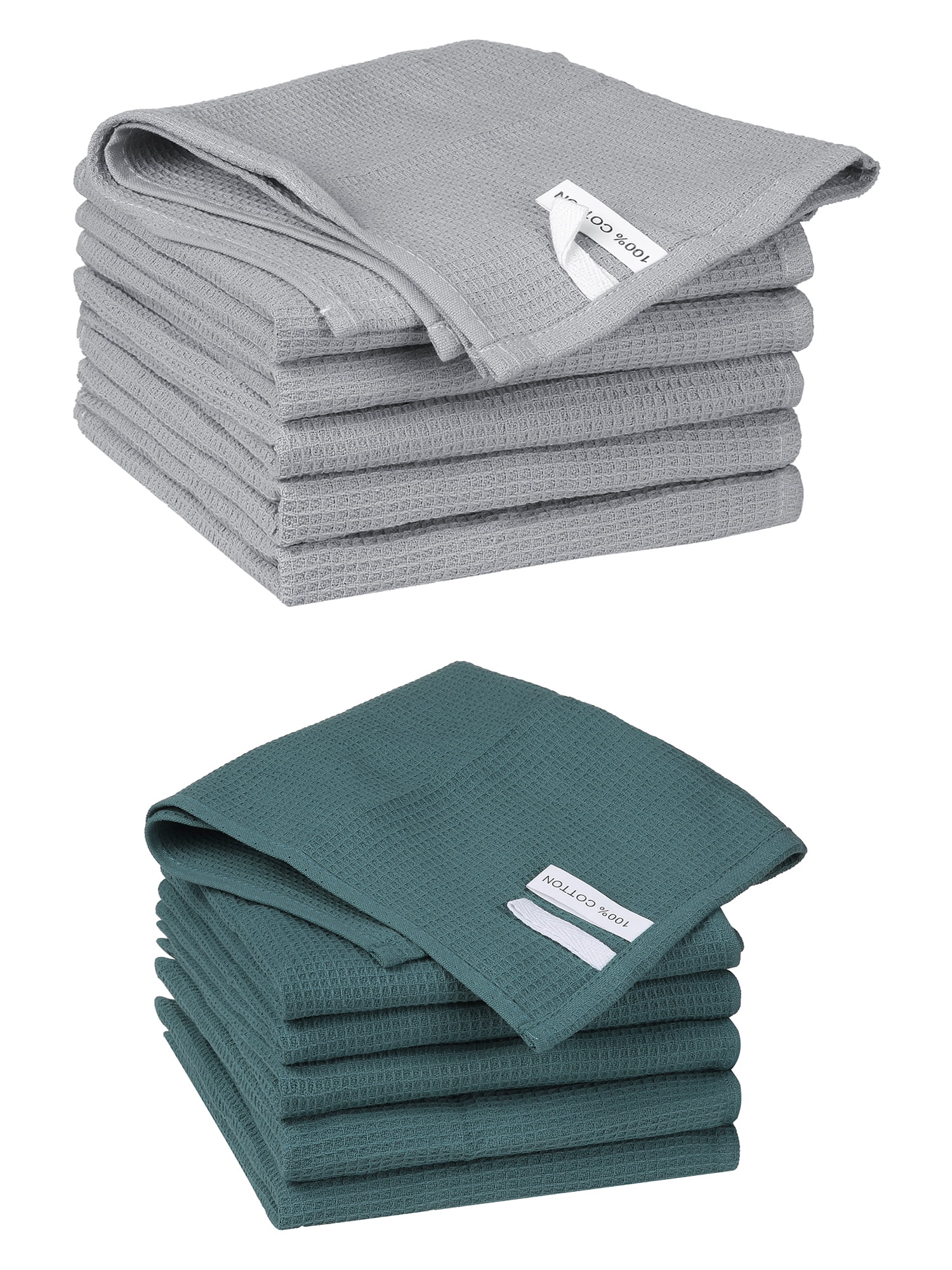 Unique Bargains 12 Pack Cotton Waffle Weave Cleaning Clothes Reusable Kitchen Towels Dark Green/Light Grey 14" x 14"