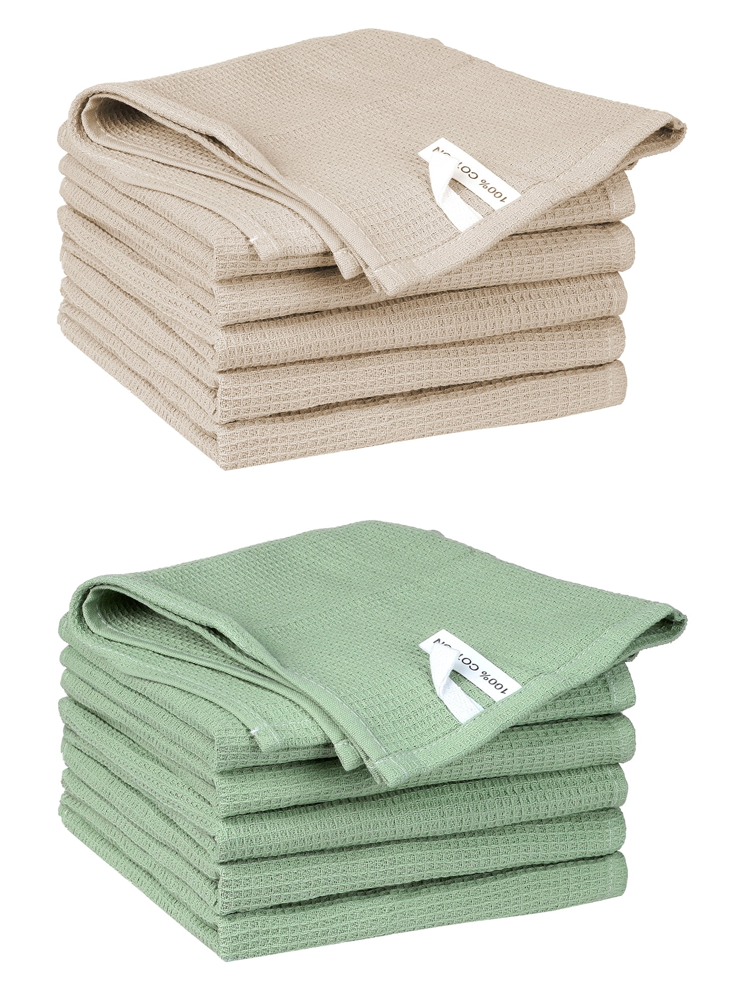 Unique Bargains 12 Pack Cotton Waffle Weave Cleaning Clothes Reusable Kitchen Towels Khaki/Light Green 14" x 14"