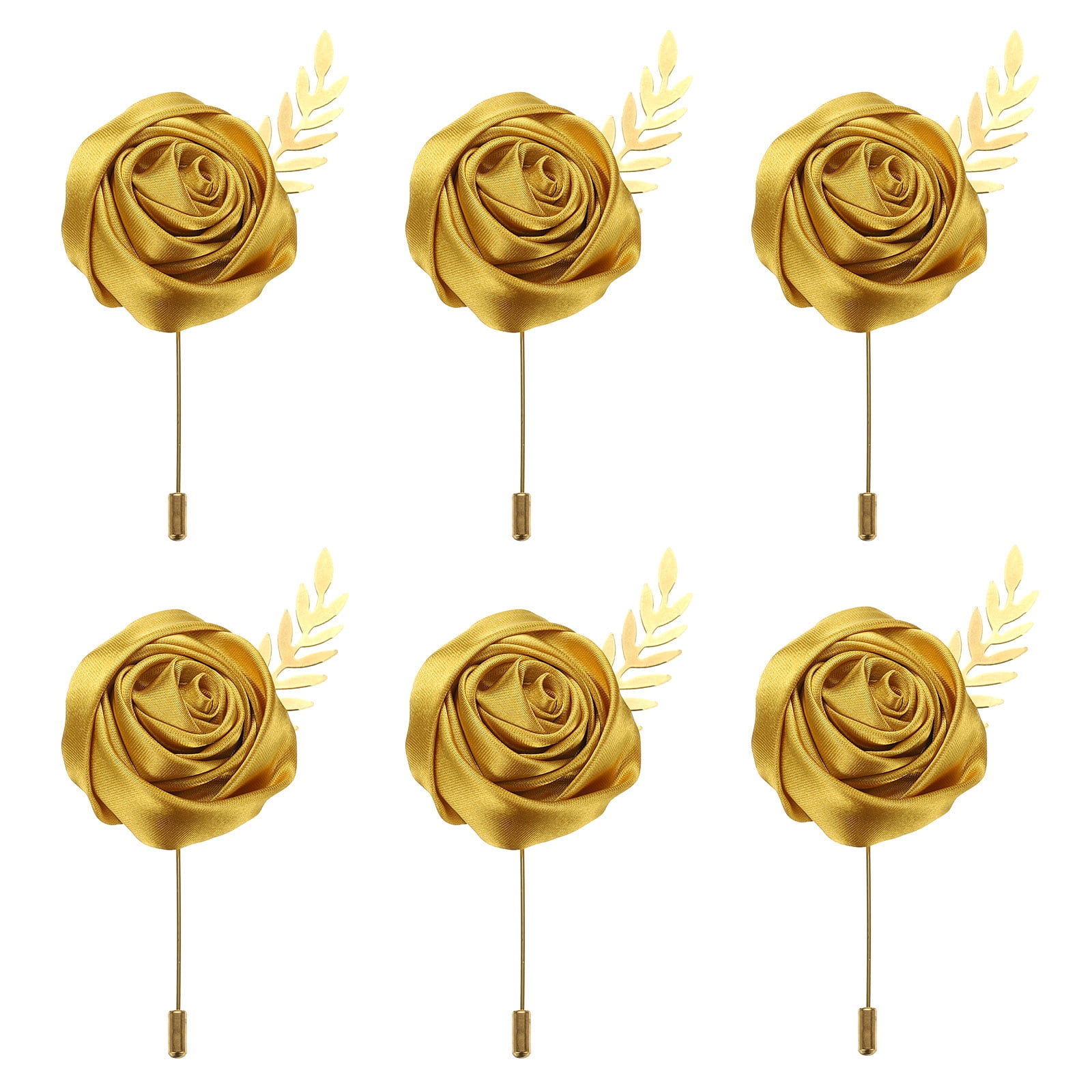 Unique Bargains 12Pcs Rose Boutonnieres Flower Buttonholes Pocket Pins Golden 4.7" x 2"