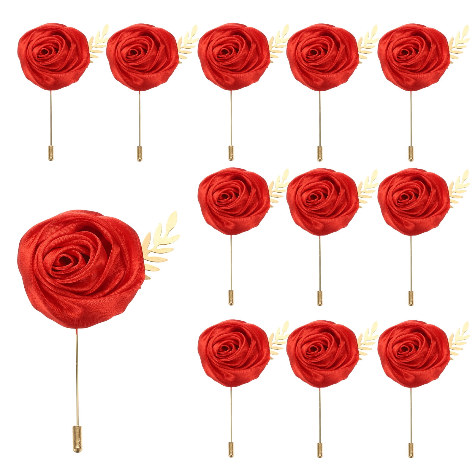 Unique Bargains 12Pcs Rose Boutonnieres Flower Buttonholes Pocket Pins Red 4.7" x 2"