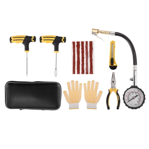 Unique Bargains 14 Pcs Tire Repair Kit Flat Tire Repair Tool to Fix Punctures for Jeep, Car, RV, SUV, UTV, Truck, Motorcycle, Tractor Puncture Repair Set Black