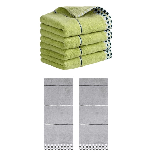 Unique Bargains 14" x 30" Striped Checked Hand Towels Green/Grey 6