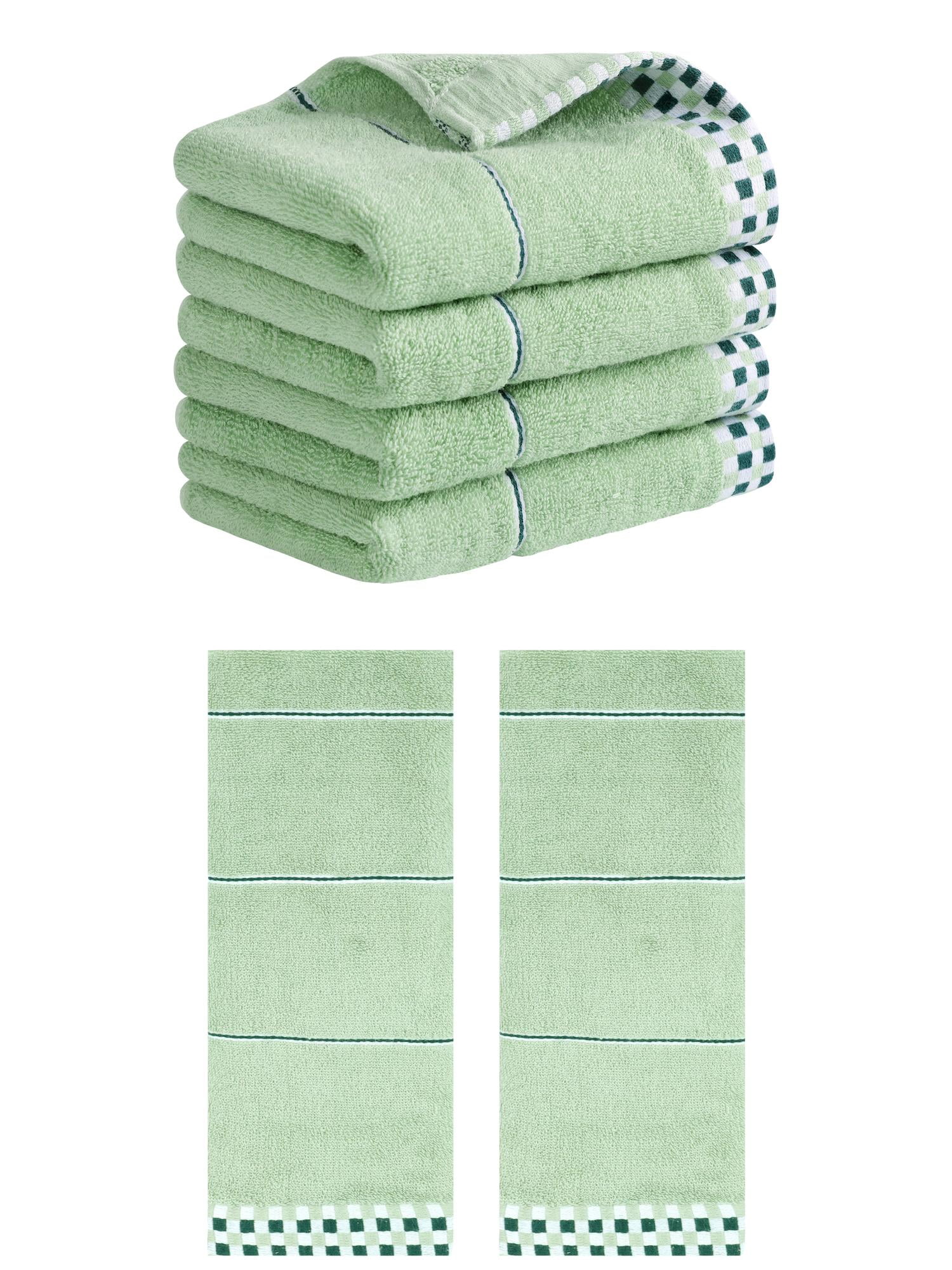 Unique Bargains 14" x 30" Striped Checked Hand Towels Light Green 6
