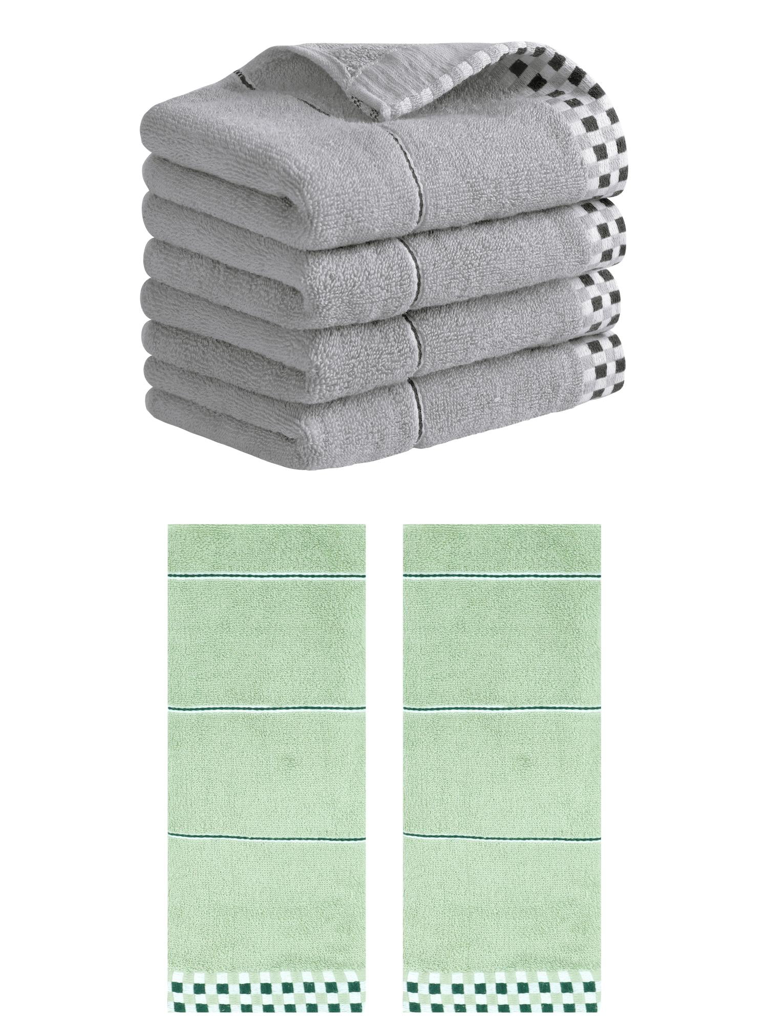 Unique Bargains 14" x 30" Striped Checked Hand Towels Light Green/Grey 6
