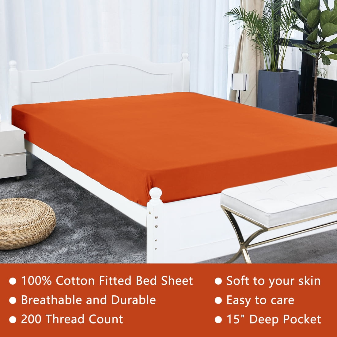 Unique Bargains 15" Deep Pocket Cotton Fitted Sheet Orange King
