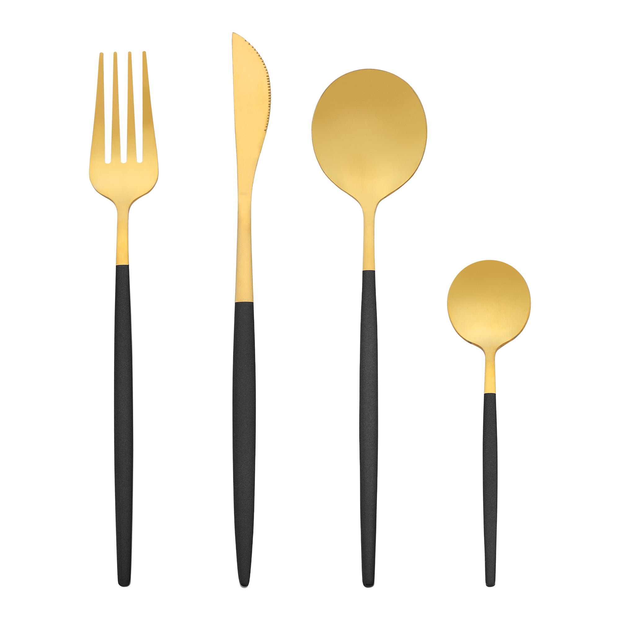 Unique Bargains 16 Pcs Stainless Steel Flatware Set Mirror Polished Cutlery Set Black/Gold