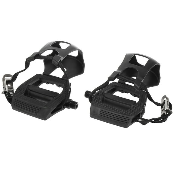 Unique Bargains 1Pair Road Riding Bike Bicycle Pedals 9/16" Black Spindle Platform with Toe Clips Fixed Foot Strap