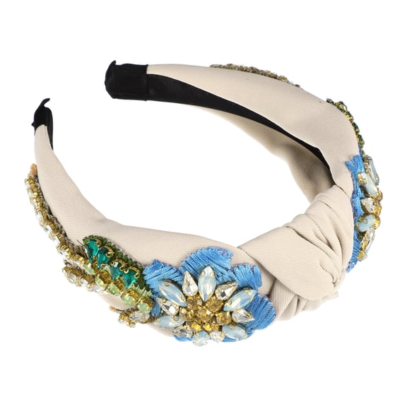 Unique Bargains 1Pc Bling Rhinestone Headband Vintage Flowers Rhinestone Beige Flannel Wide Edge Headband 4.92"x1.77"