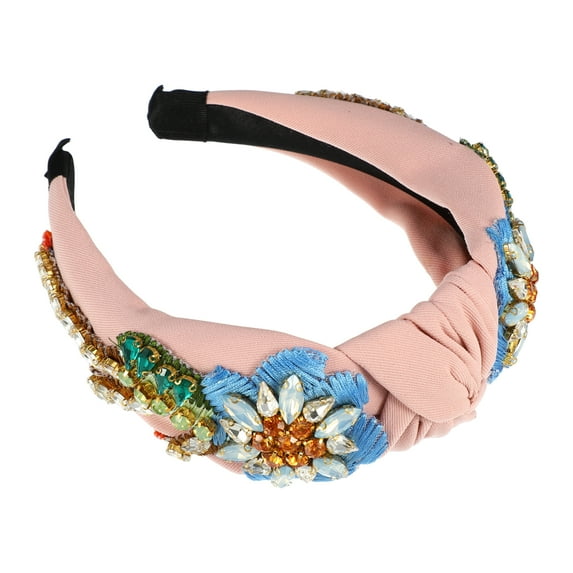 Unique Bargains 1Pc Bling Rhinestone Headband Vintage Flowers Rhinestone Pink Flannel Wide Edge Headband 4.92"x1.77"