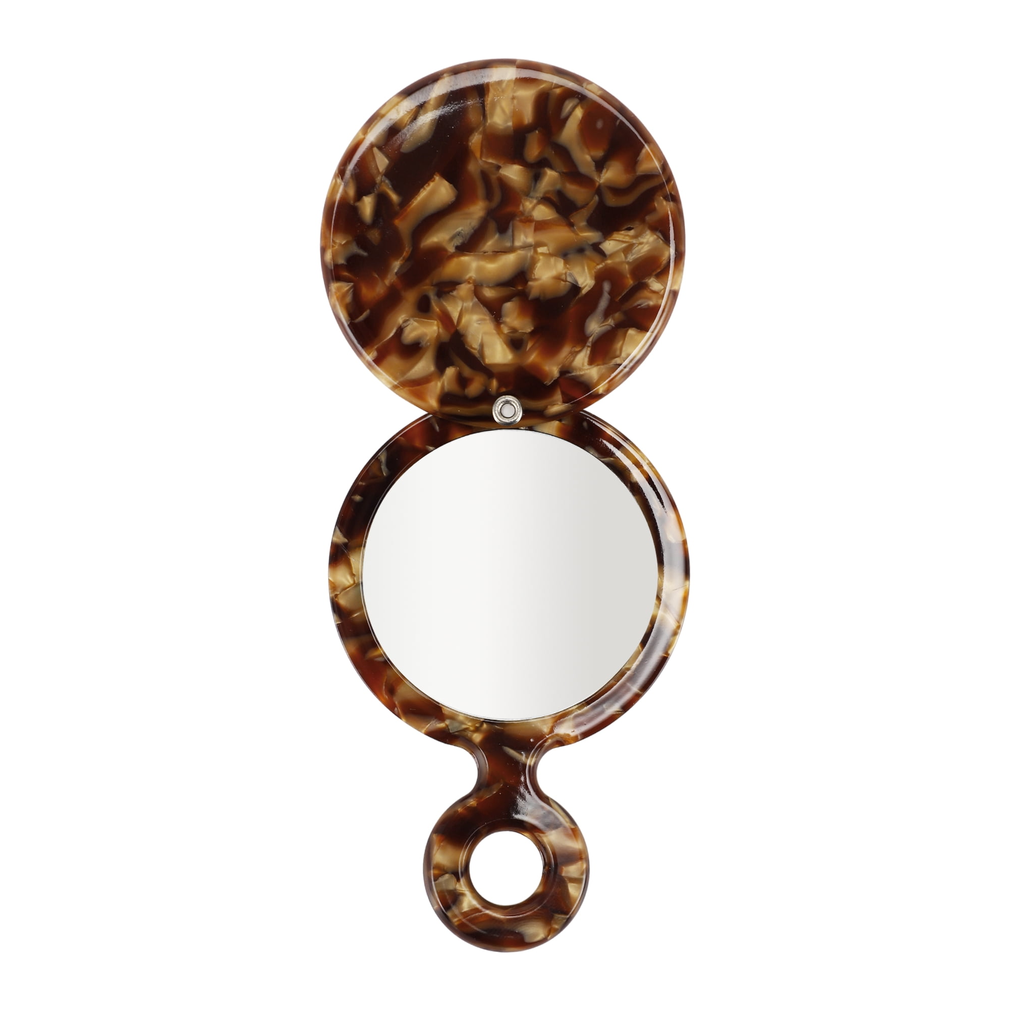 Unique Bargains 1Pc Round Short Handheld Makeup Mirror for Travel Gym Brown