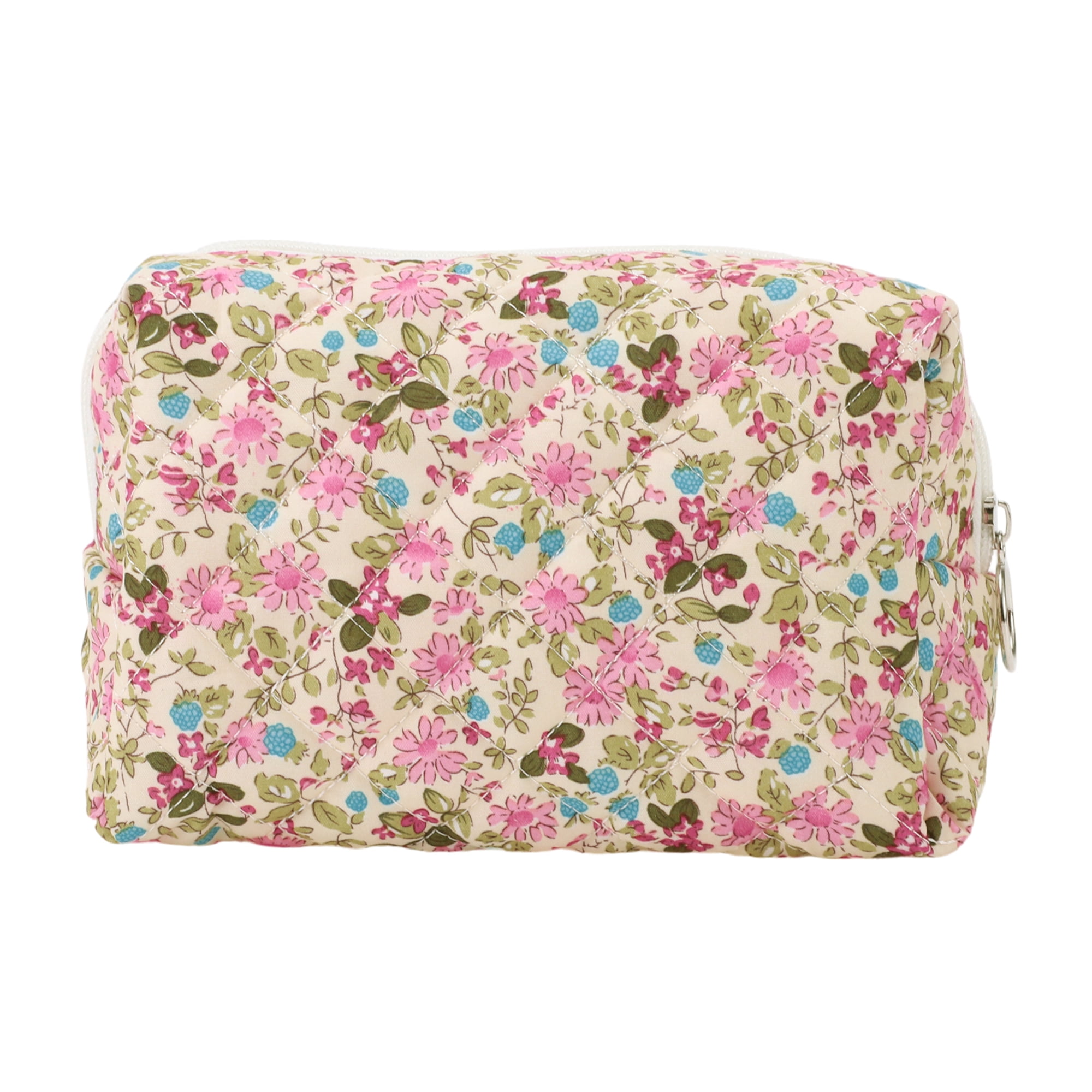 Unique Bargains 1Pc Women Portable Floral Quilting Storage Makeup Bag for Travel Pink