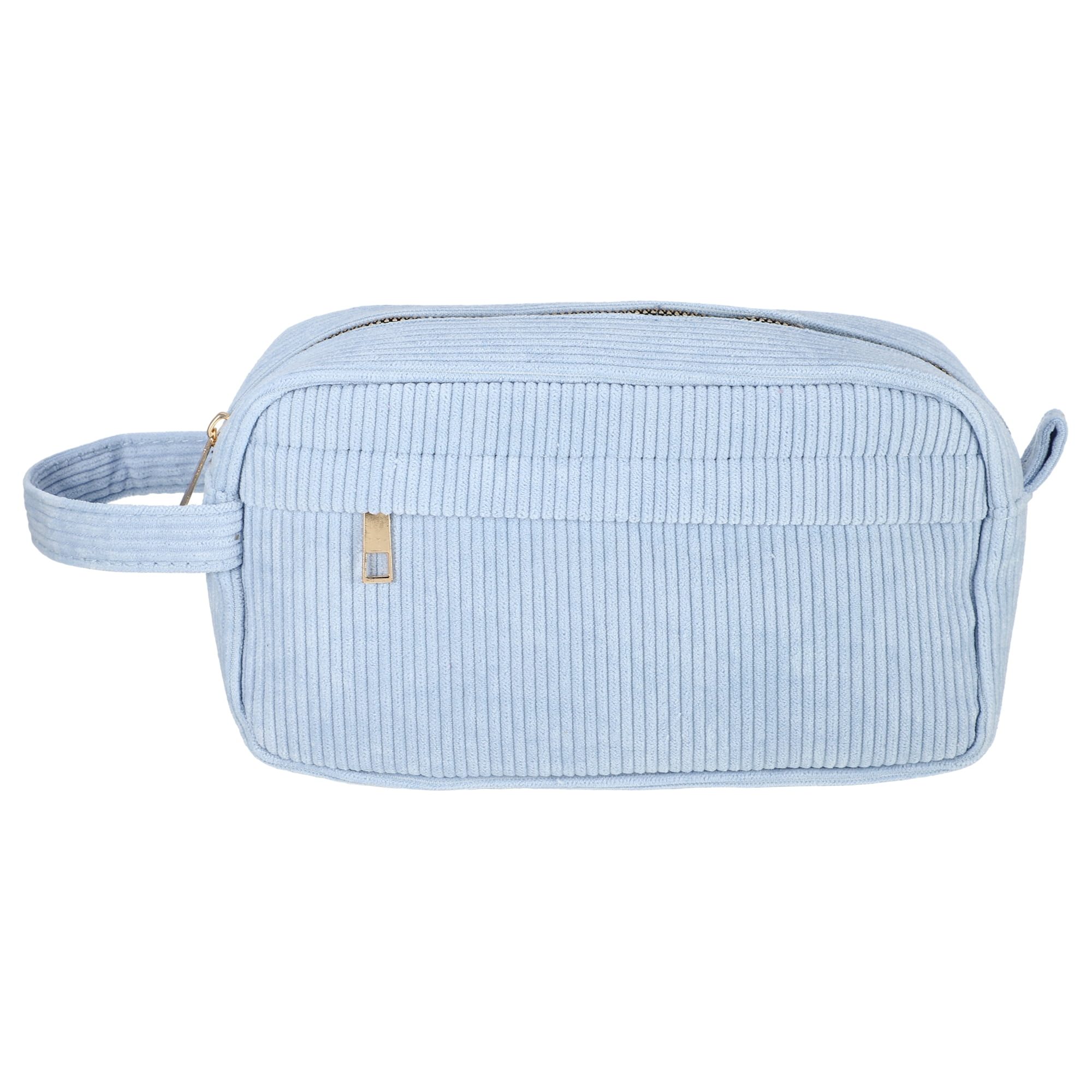 Unique Bargains 1Pc Women Portable Solid Color Corduroy Storage Cosmetic Bag Blue