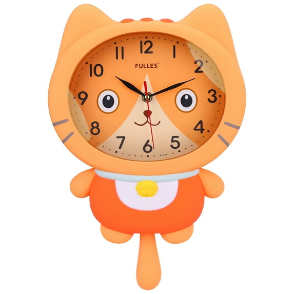Unique Bargains 1pc Cartoon Cat Mechanism Wall Clock for Home 15" x 10" x 2.4" Orange
