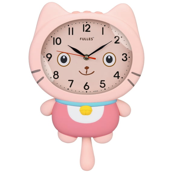 Unique Bargains 1pc Cartoon Cat Mechanism Wall Clock for Home 15" x 10" x 2.4" Pink