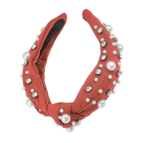 Unique Bargains 1pc Knotted Faux Rhinestones Headband Women Simulated Pearl Hairband Orange 1.18 Inch Wide
