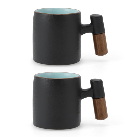 Unique Bargains 2.5oz Ceramic Espresso Cups with Wooden Handle Porcelain Espresso Shot Cups Set of 2 Demitasse Cups for Coffee or Tea Black