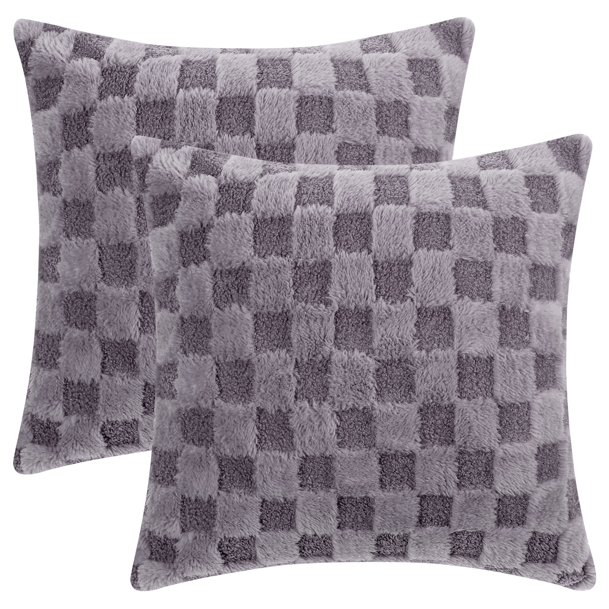 Unique Bargains 2 Faux Fur Soft Plaid Decorative Throw Pillow Covers Square Pillowcase Gray 18" x 18"