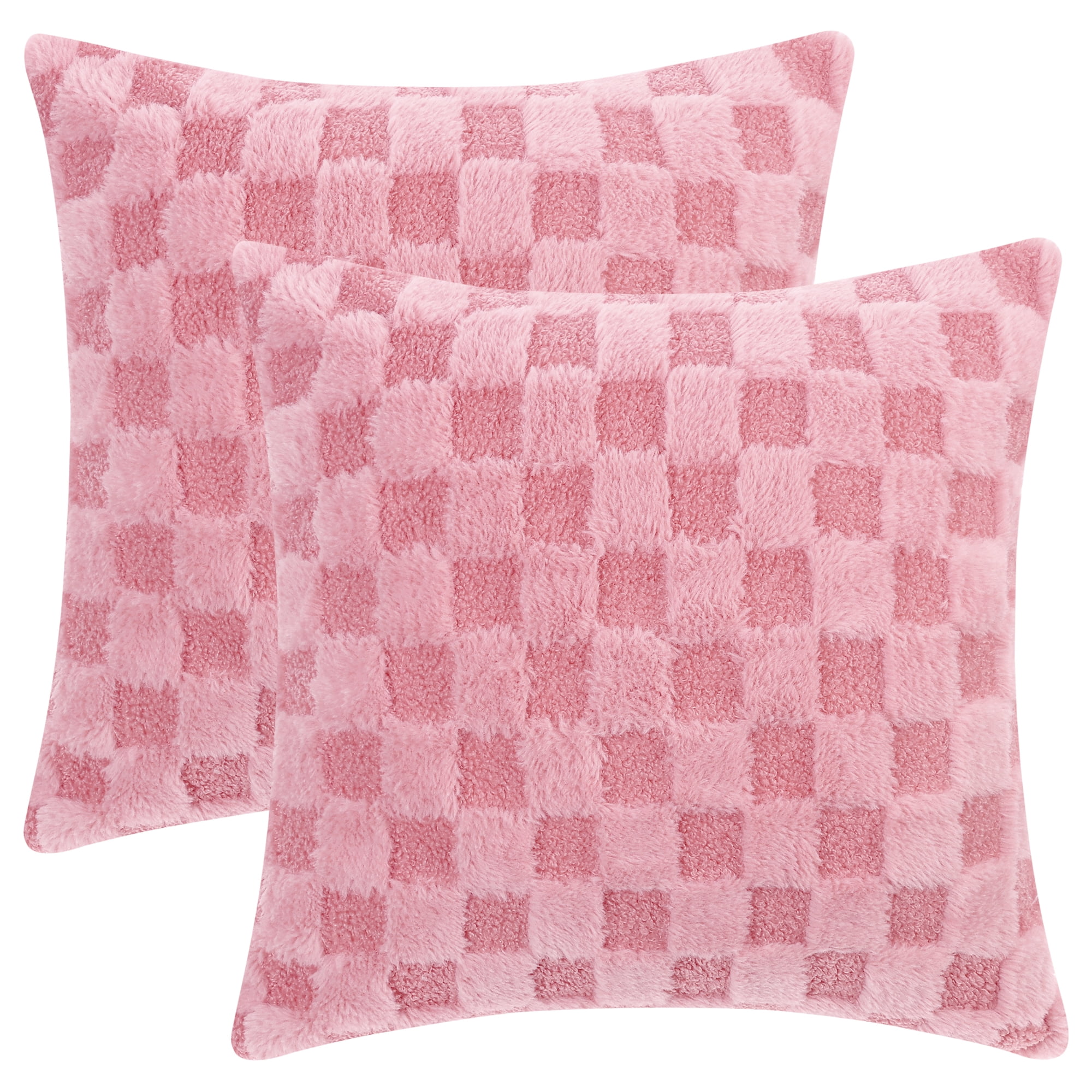 Unique Bargains 2 Faux Fur Soft Plaid Decorative Throw Pillow Covers Square Pillowcase Pink 18" x 18"