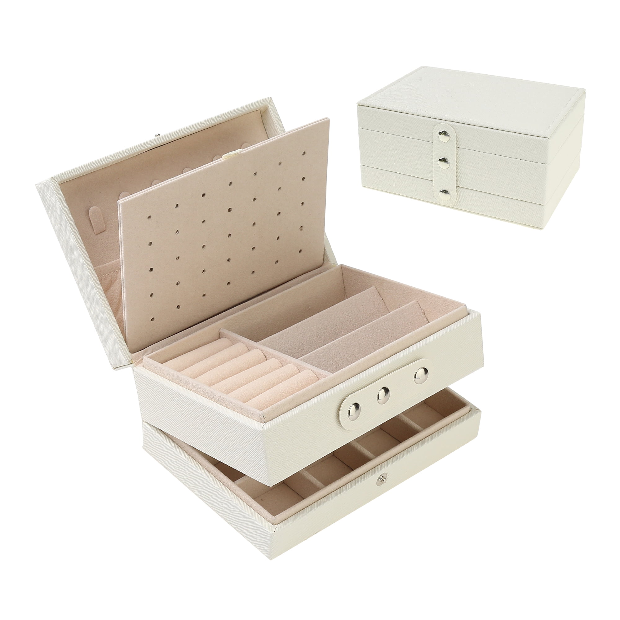 Unique Bargains 2 Layer Jewelry Box PU Leather Jewelry Case for Earring Necklace Ring Beige