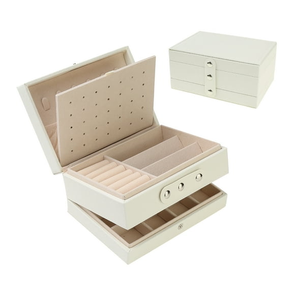 Unique Bargains 2 Layer Jewelry Box PU Leather Jewelry Case for Earring Necklace Ring Beige