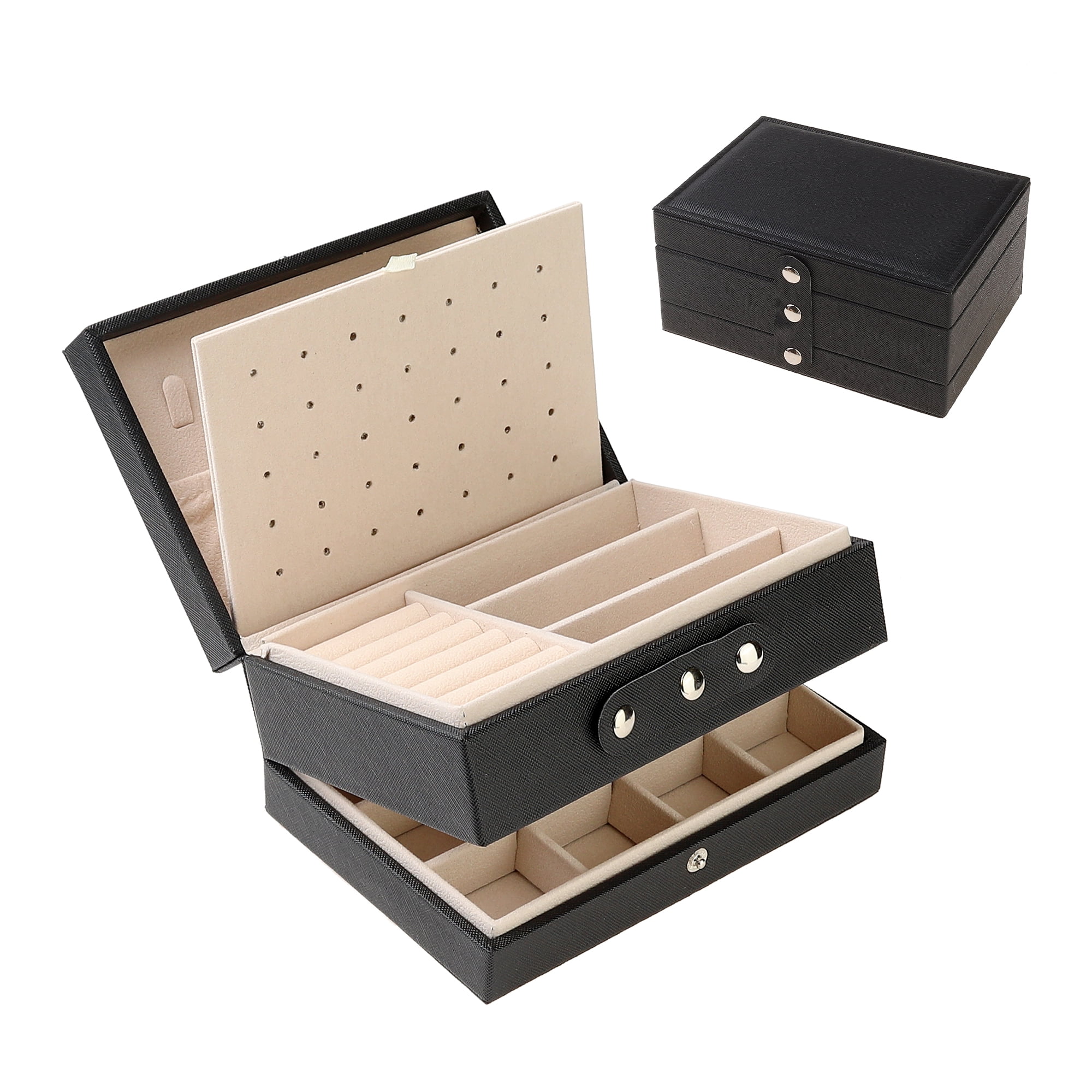 Unique Bargains 2 Layer Jewelry Box PU Leather Jewelry Case for Earring Necklace Ring Black