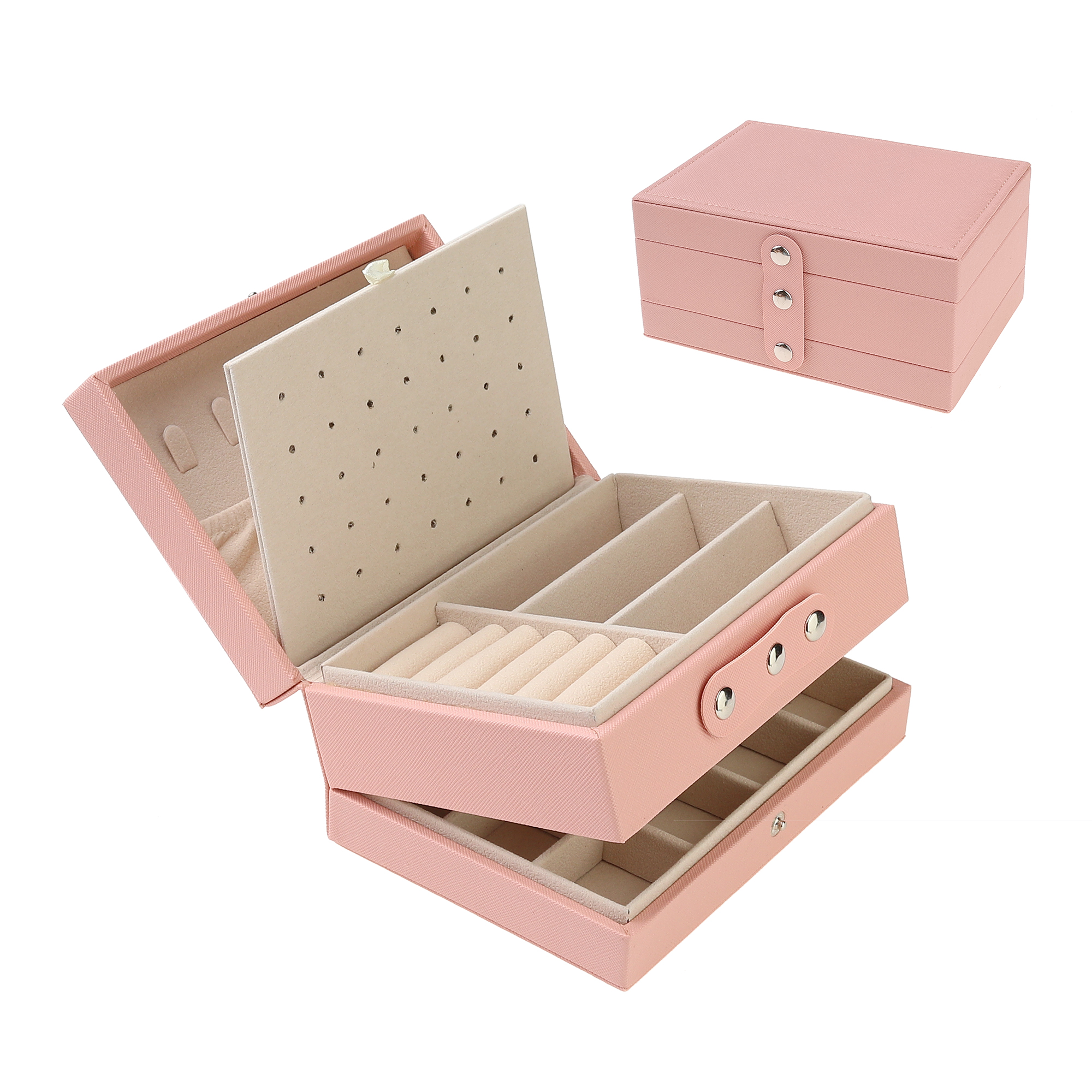 Unique Bargains 2 Layer Jewelry Box PU Leather Jewelry Case for Earring Necklace Ring Pink