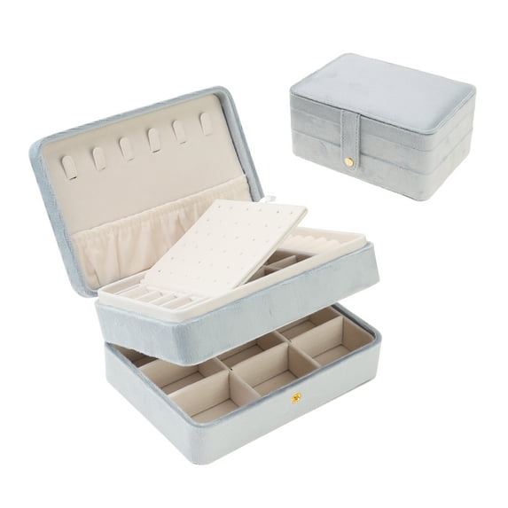 Unique Bargains 2 Layer Jewelry Box Plush Velvet Jewelry Organizer Case Storage Travel Gray