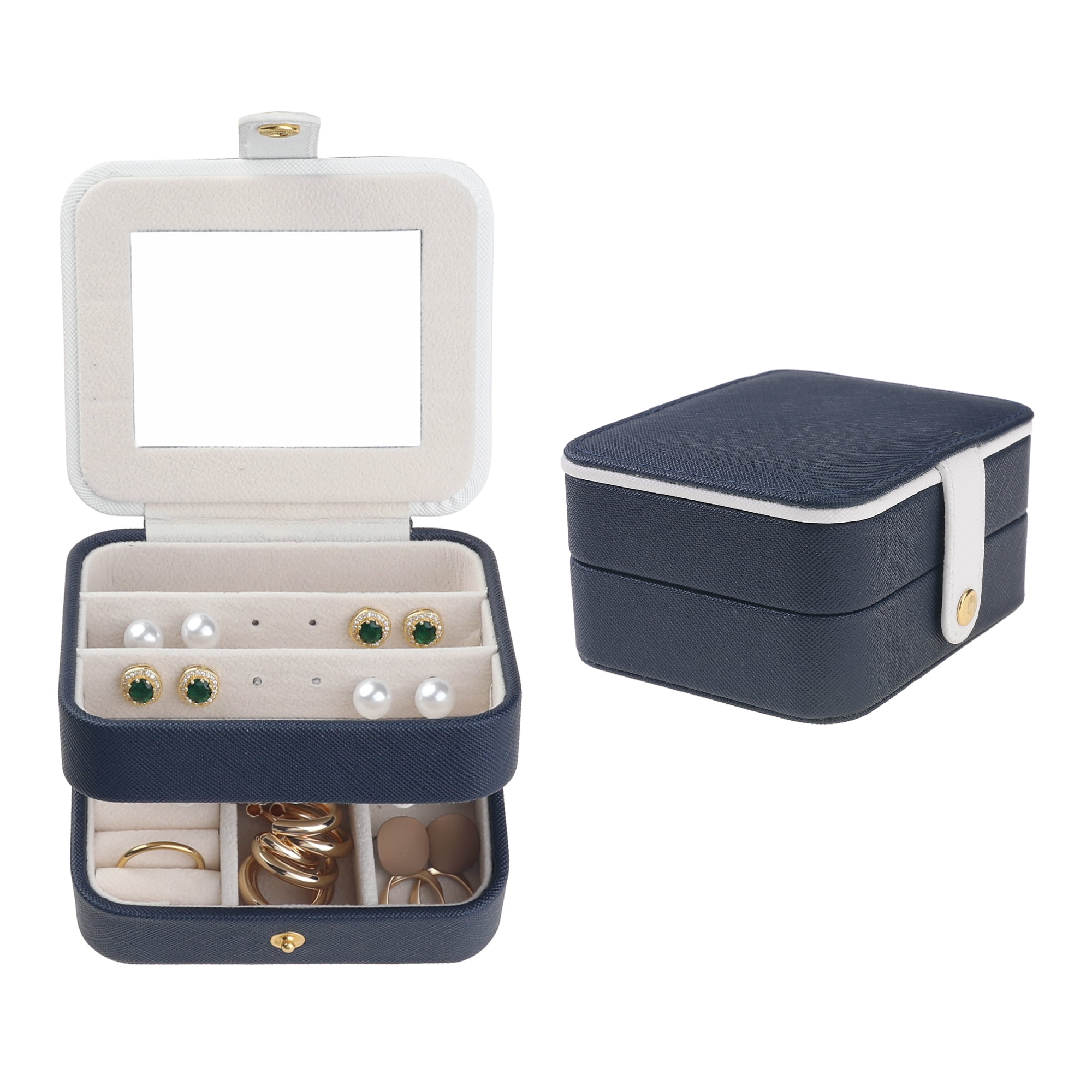 Unique Bargains 2 Layer Jewelry Box with Mirror PU Leather Jewelry Organizer Case Blue