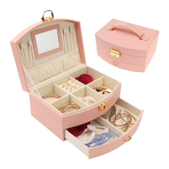 Unique Bargains 2 Layer Jewelry Boxes PU Leather Jewelry Organizer Case with Drawer Pink
