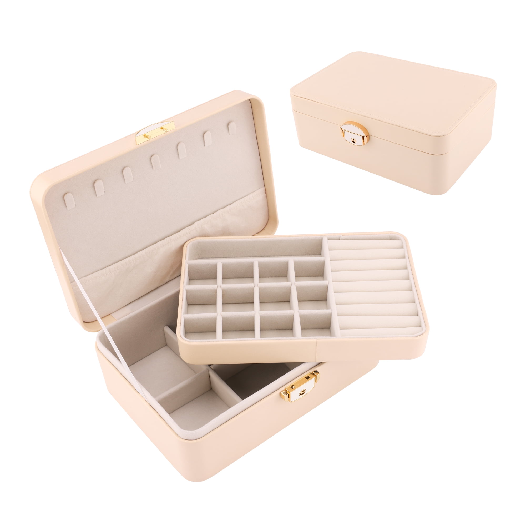 Unique Bargains 2 Layer PU Leather Jewelry Box Organizer Holder for Women Beige