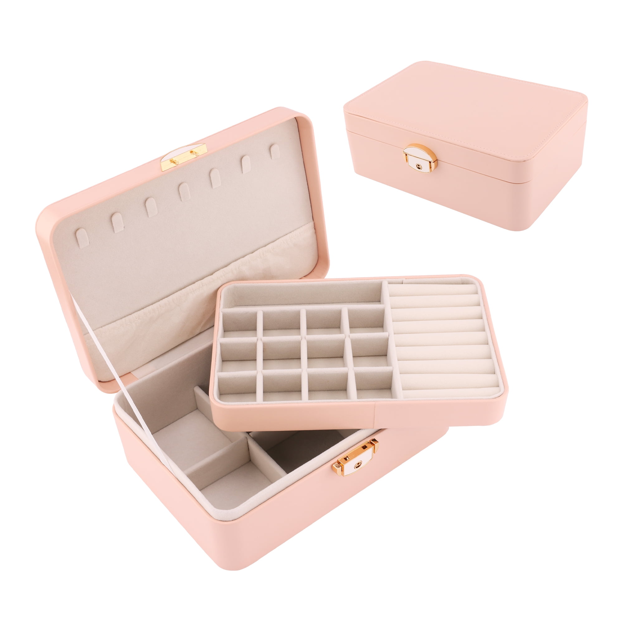 Unique Bargains 2 Layer PU Leather Jewelry Box Organizer Holder for Women Pink