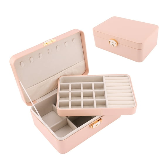 Unique Bargains 2 Layer PU Leather Jewelry Box Organizer Holder for Women Pink