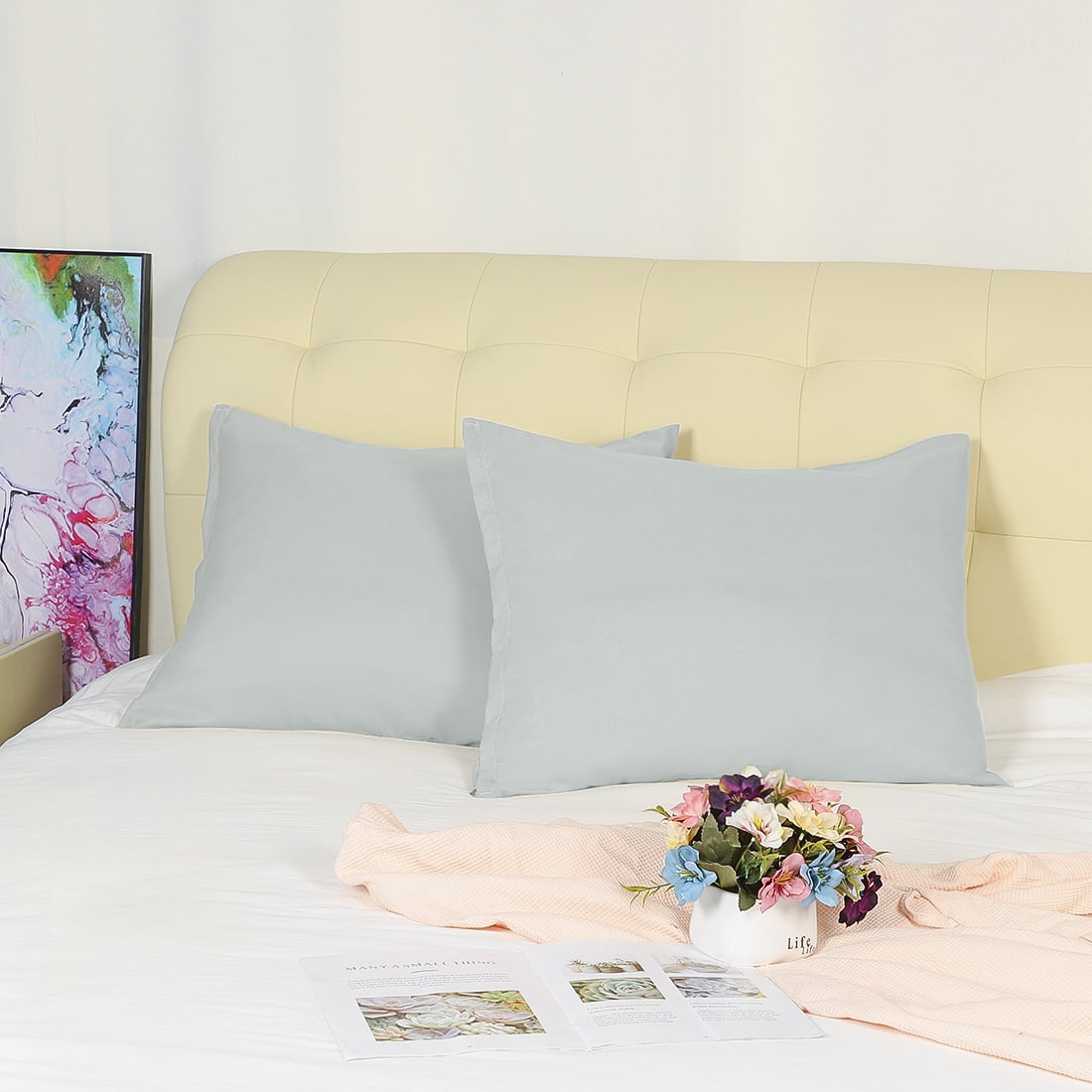 Unique Bargains 2-Pack 1800D Microfiber Solid Pillowcases Light Gray Queen