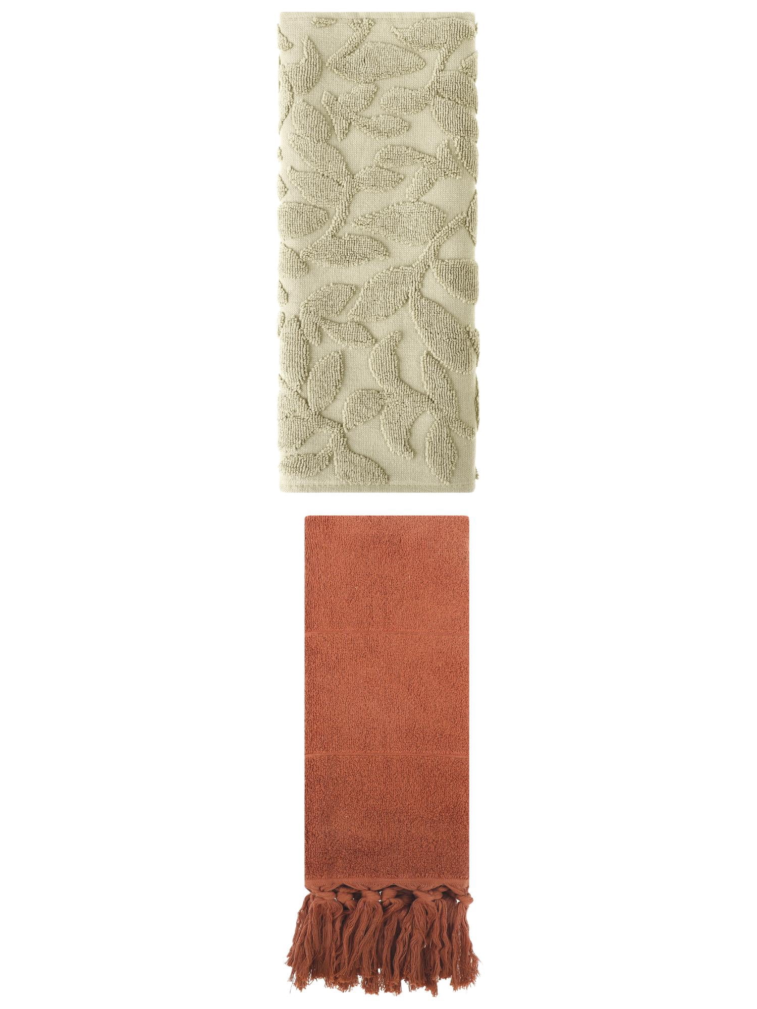 Unique Bargains 2 Pack Absorbent Cotton Hand Towels with Tassels 14"x30" Brown/Green