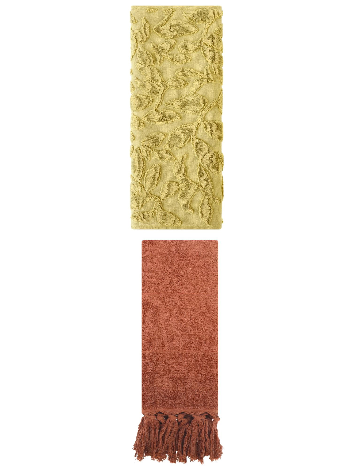 Unique Bargains 2 Pack Absorbent Cotton Hand Towels with Tassels 14"x30" Brown/Yellow