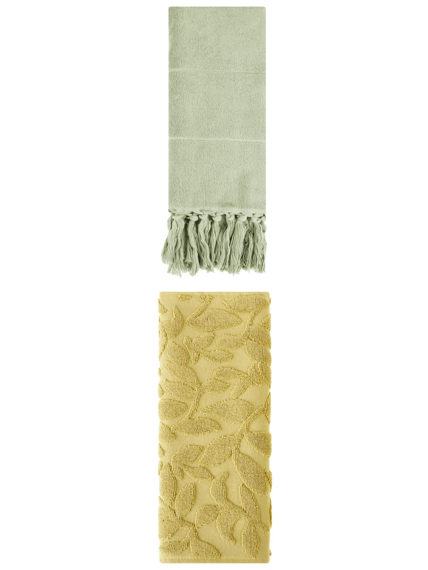 Unique Bargains 2 Pack Absorbent Cotton Hand Towels with Tassels 14"x30" Green/Yellow
