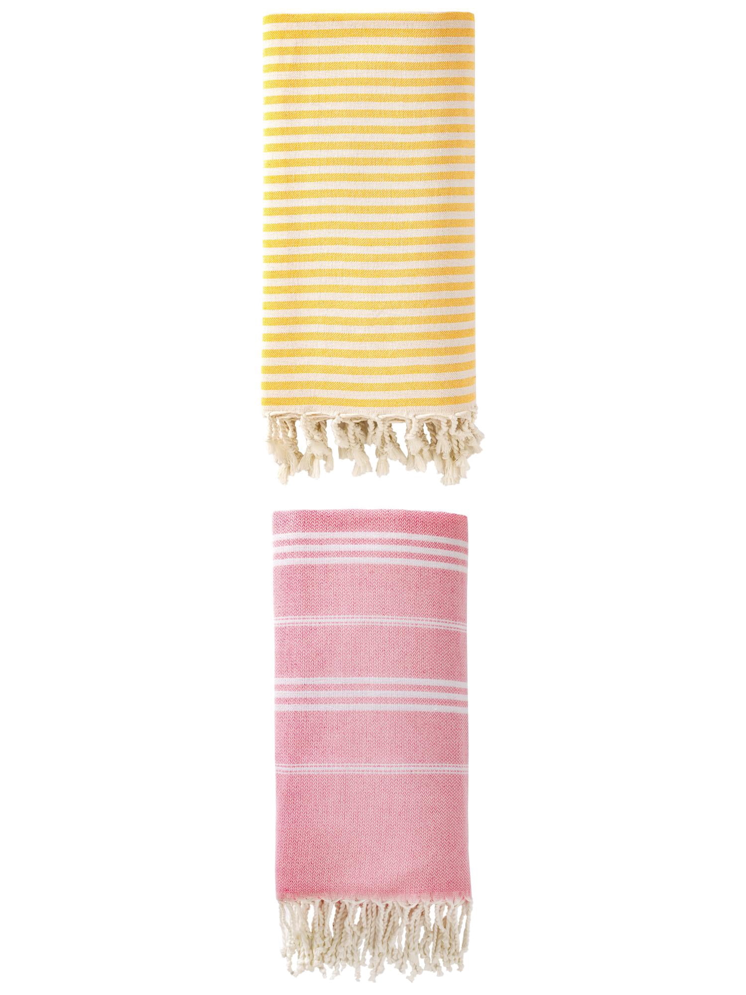 Unique Bargains 2 Pack Breathable Sand-Free Turkish Towels Yellow/Pink 71"x40"/71"x35"