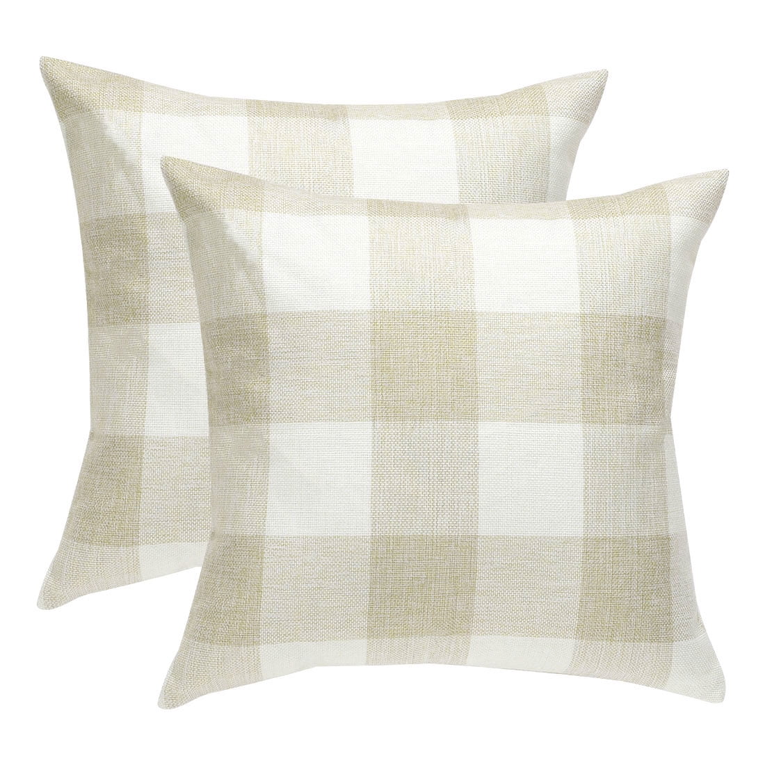 Beige and White Cotton Linen Plaid Euro Throw Pillow Covers, 18 x 18 Inch, 2 Pack