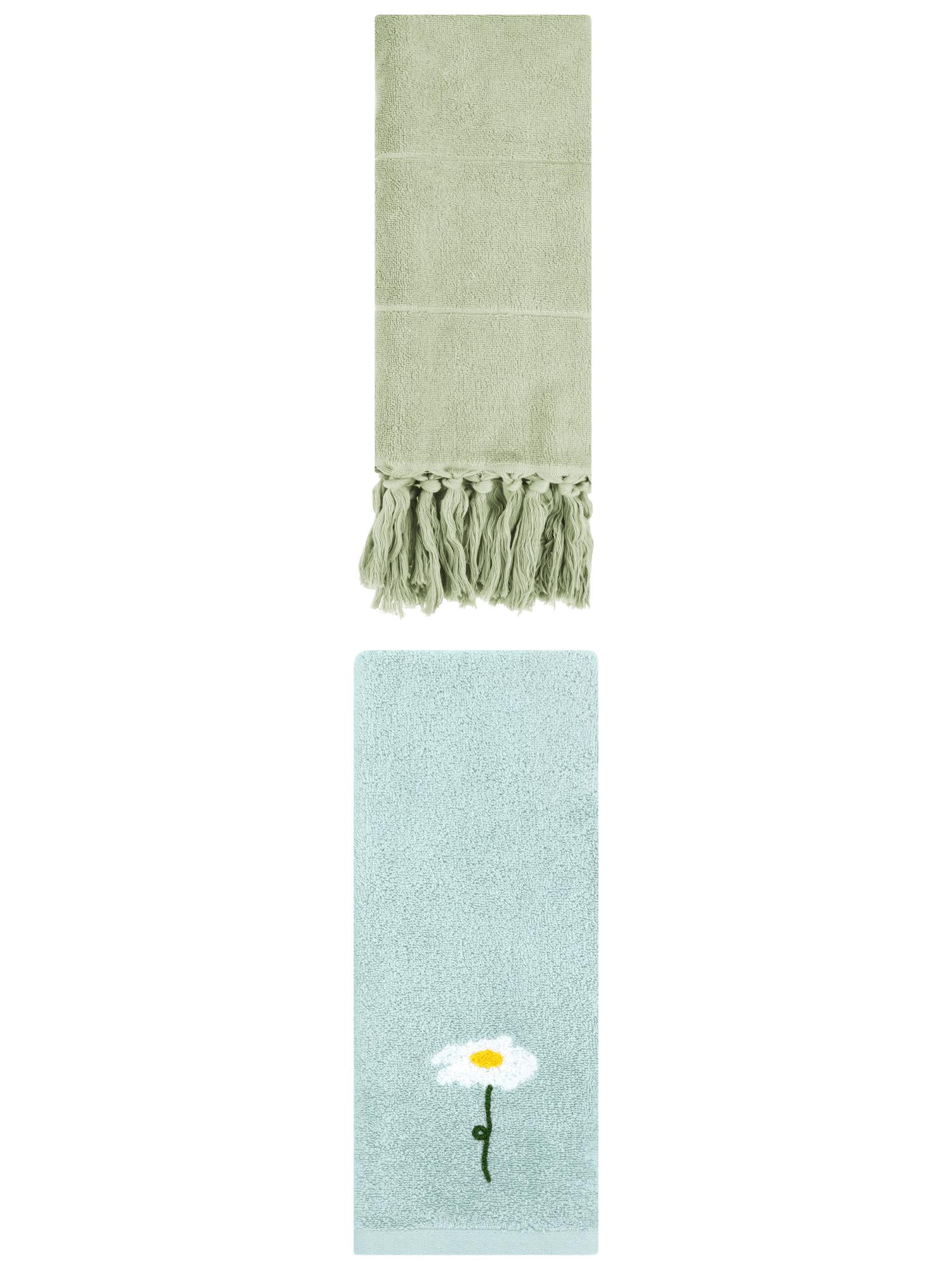 Unique Bargains 2 Pack Cotton Floral Hand Towel Green/Blue 14"x30"/13"x30"