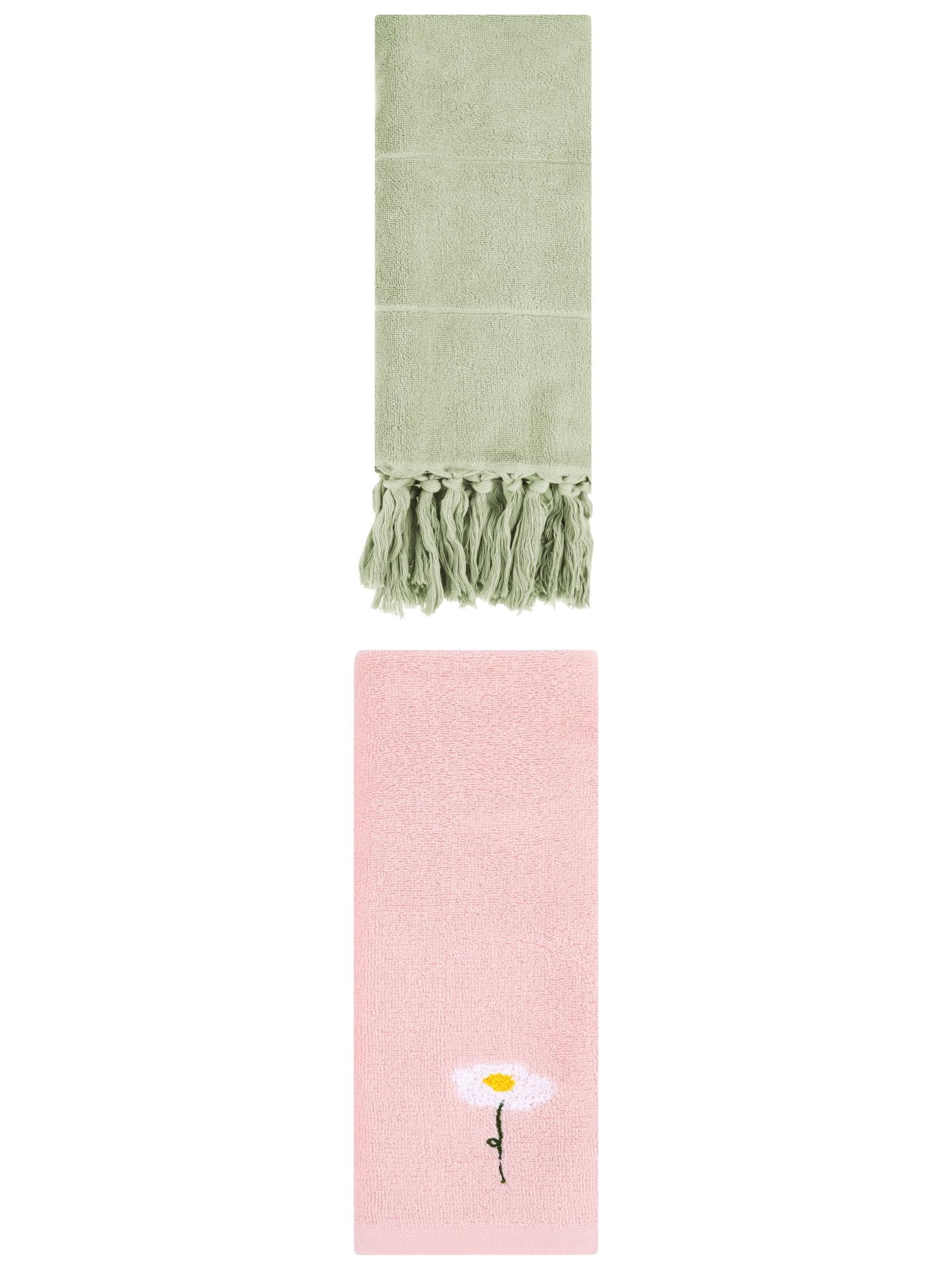 Unique Bargains 2 Pack Cotton Floral Hand Towel Green/Pink 14"x30"/13"x30"