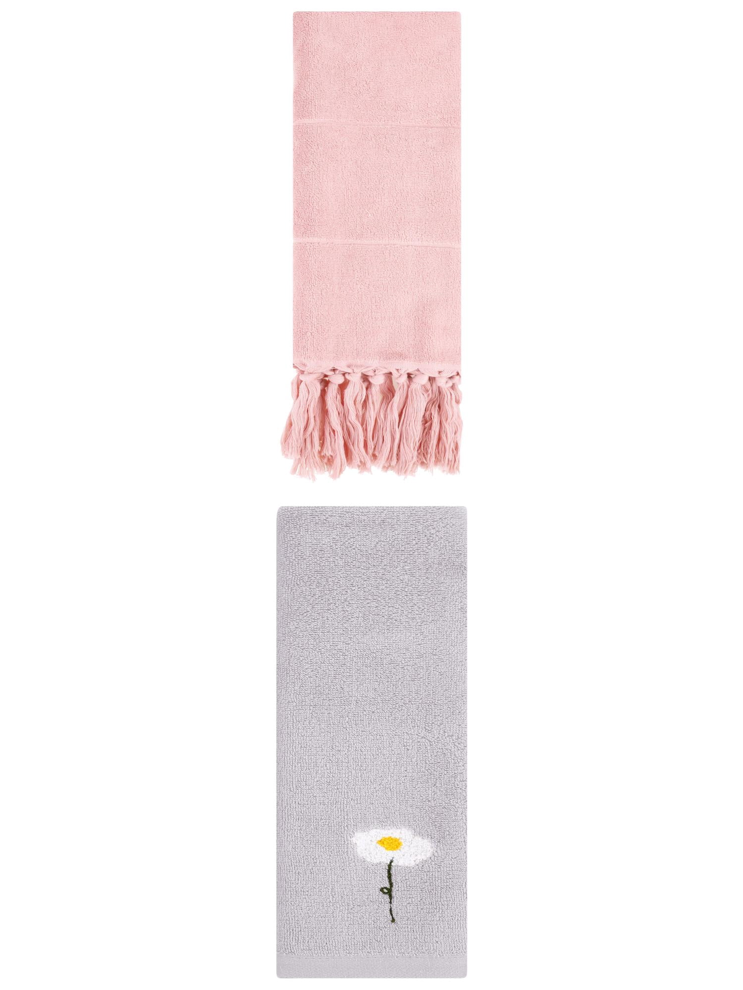Unique Bargains 2 Pack Cotton Floral Hand Towel Pink/Grey 14"x30"/13"x30"
