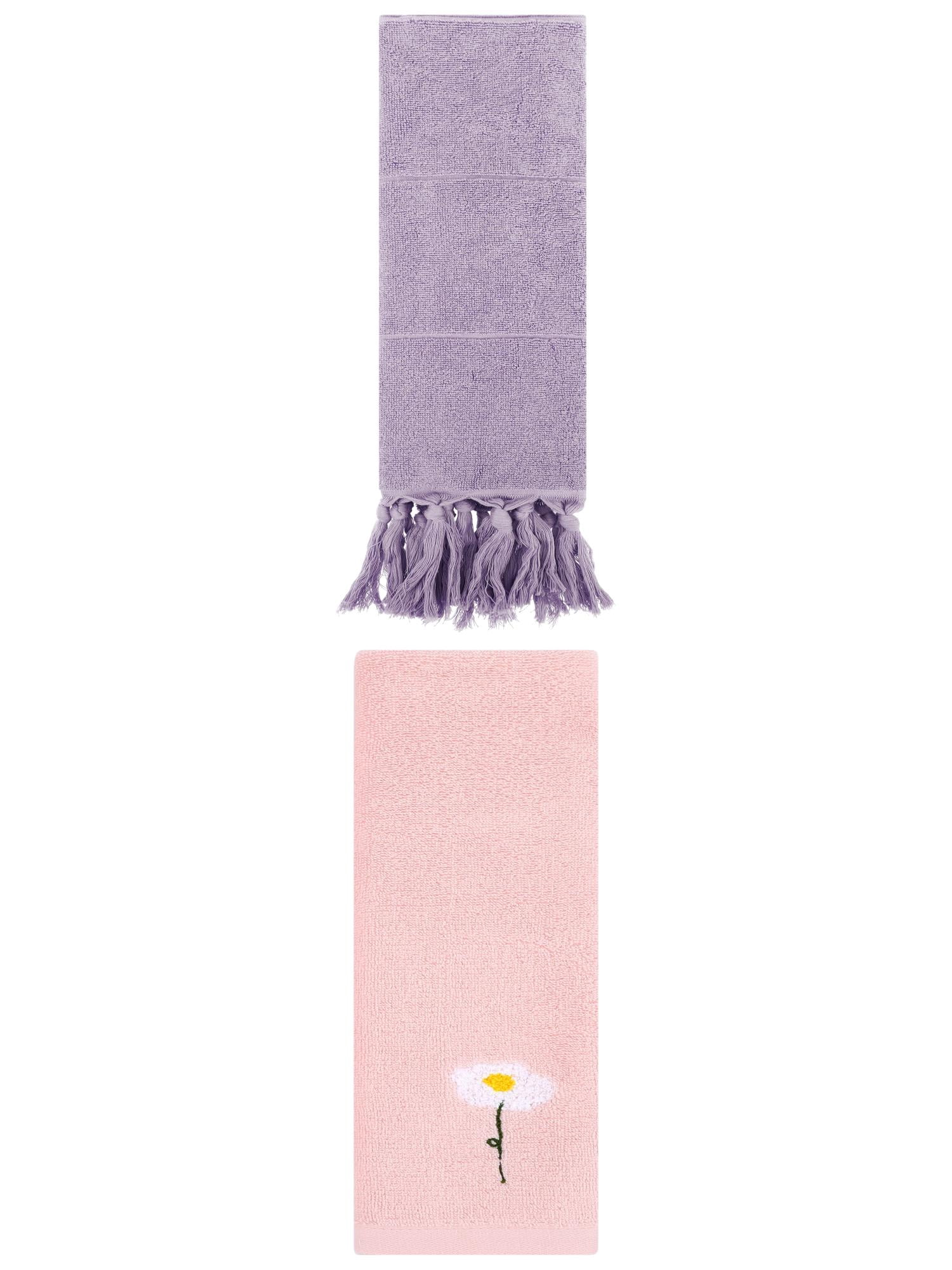 Unique Bargains 2 Pack Cotton Floral Hand Towel Purple/Pink 14"x30"/13"x30"