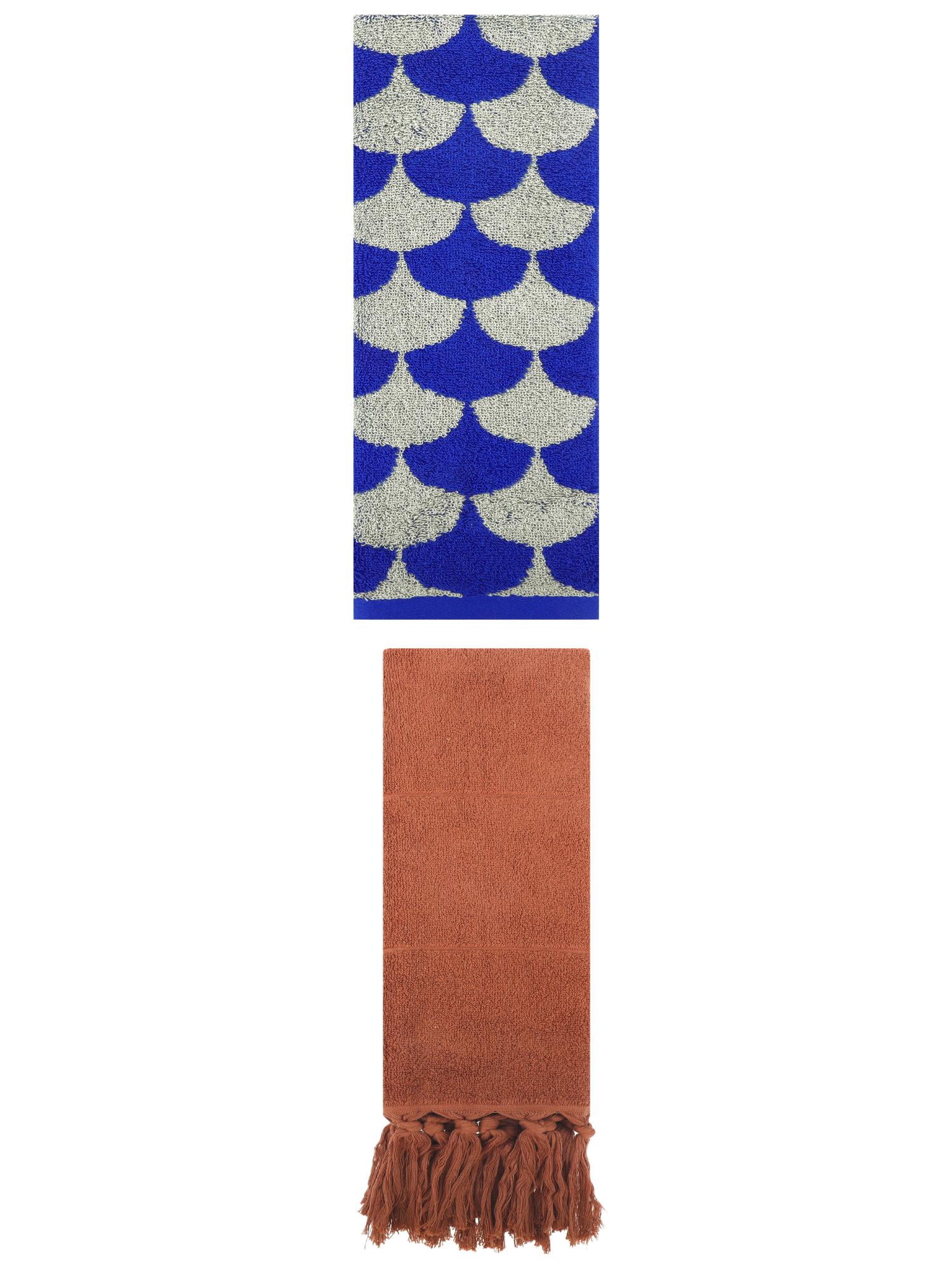 Unique Bargains 2 Pack Cotton Geometric Hand Towels Brown/Blue 14"x30"/13"x29"