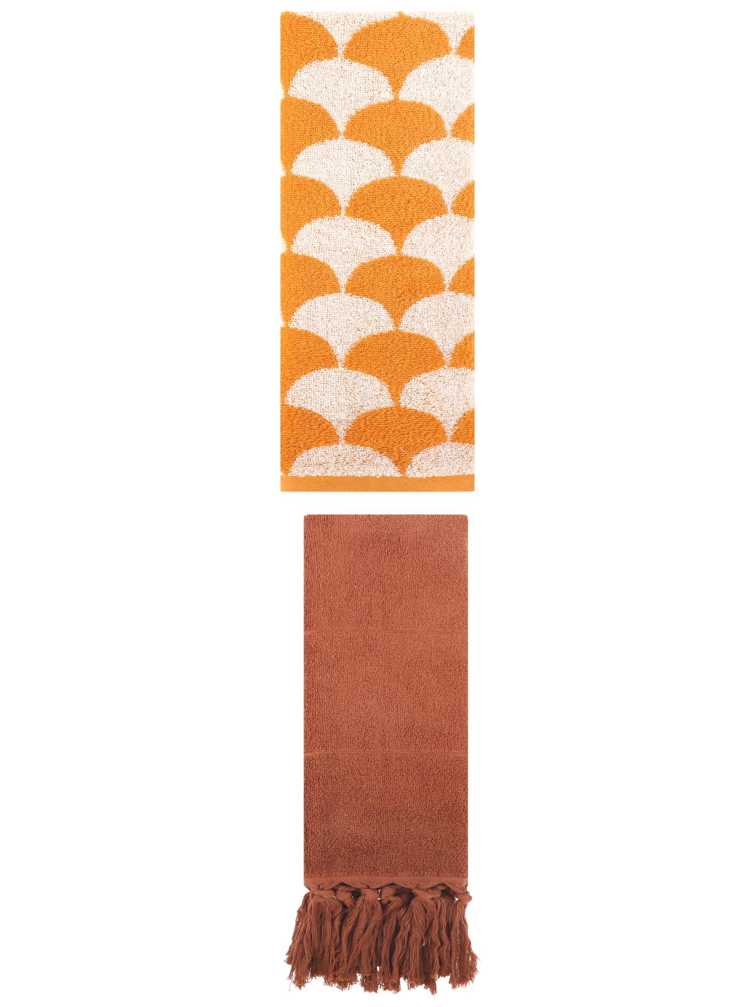 Unique Bargains 2 Pack Cotton Geometric Hand Towels Brown/Orange 14"x30"/13"x29"