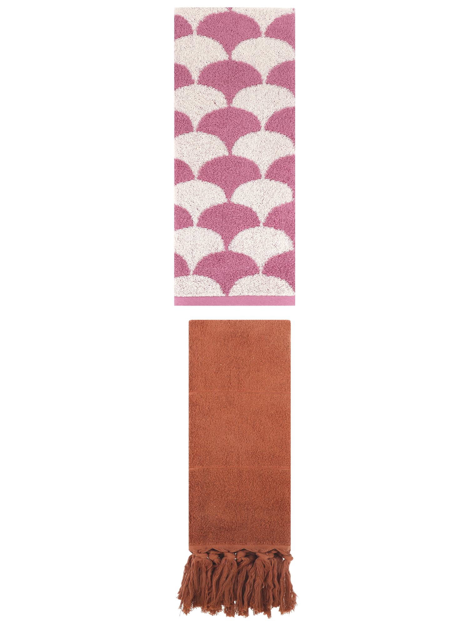 Unique Bargains 2 Pack Cotton Geometric Hand Towels Brown/Pink 14"x30"/13"x29"